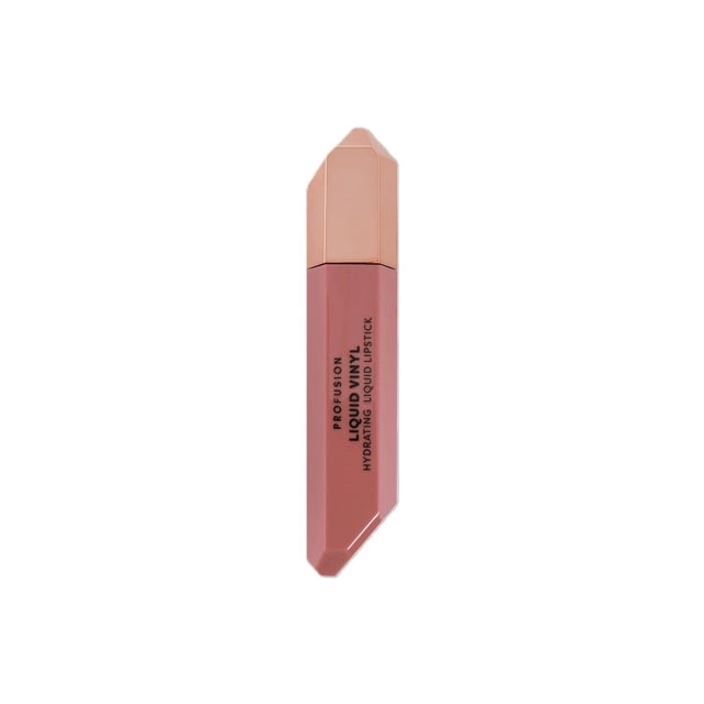 PROFUSION COSMETICS Hydrating Liquid Lipstick in a geometric dusty rose tube with rose gold cap and black branding, formulated with vitamins A and E for moisturizing, long-lasting, transfer-proof lip color ideal for versatile day to night looks.