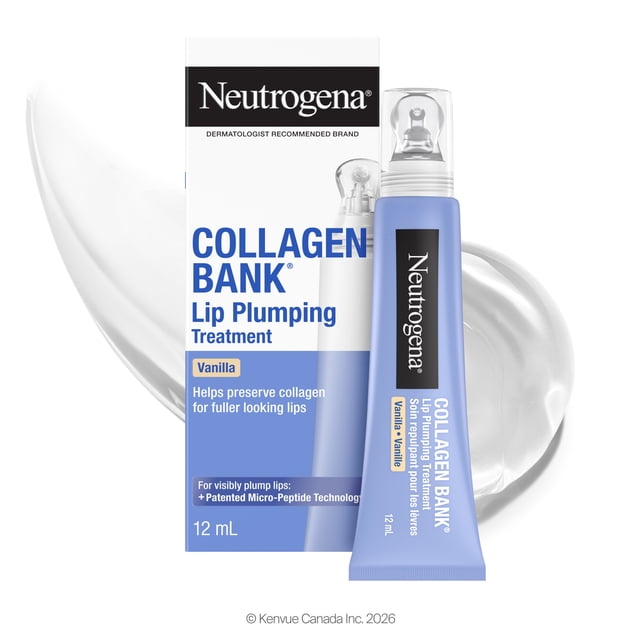 Neutrogena Collagen Bank Traitement Repulpant pour les Lèvres (Vanille), tube de 12 ml avec Embout Applicateur Transparent à Côté de Sa Boîte Blanche et Bleue, Doté d'Une Technologie Volumisante et d'Une Formule Micro-Peptidique Brevetée pour Préserver le Collagène et Hydrater les Lèvres pour des Résultats Plus Fournis et d'Apparence Repulpante.