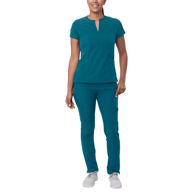 Adar Addition Go-Higher Scrub Set for Women featuring a notched V-neck scrub top and skinny cargo scrub pants in a teal color. The top has a contemporary fit with a high-low hem for full backside coverage and angled side pockets with tech storage. The pants have a mid-rise skinny fit with tapered legs, a flat front waistband with a drawstring, and multiple pockets including front, side, back, and internal compartments. Made from 4-way stretch fabric with moisture-wicking, wrinkle-resistant, and odor-resistant properties, this set is designed for comfort and durability in medical work environments.