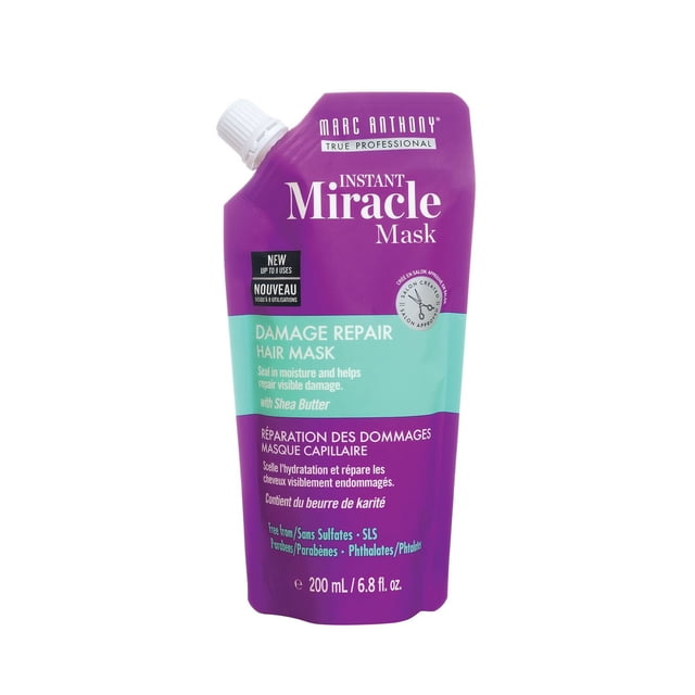 Marc Anthony Instant Miracle Mask Damage Repair Hair Mask pouch in purple and teal, 200 ml, infused with shea butter, grapeseed oil, avocado oil, wheat protein, and keratin to seal moisture and repair visible hair damage, free from sulfates, parabens, and phthalates, suitable for nourishing dry, damaged hair.