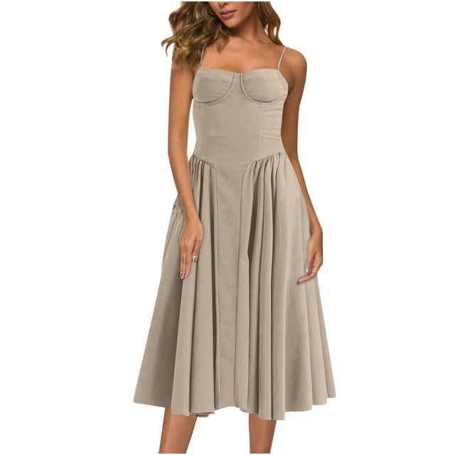 Gspmoly Robe d'Été, Robe pour Femmes à la Mode de Couleur Unie Style Dopamine à Bretelles Réglables avec Poches Robe à Bretelles à Col Rond Robes d'Été pour Femmes Offres Prime