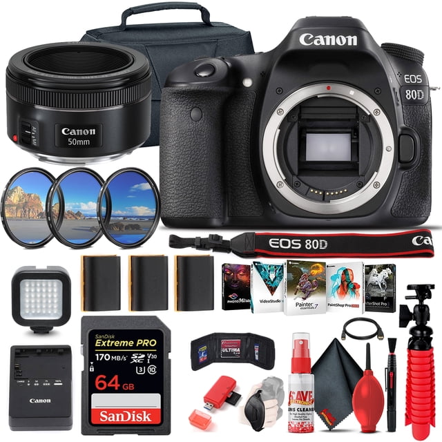 Canon EOS 80D DSLR Camera (Body Only) (1263C004) + EF 50mm Lens + 64GB + More(International Model)