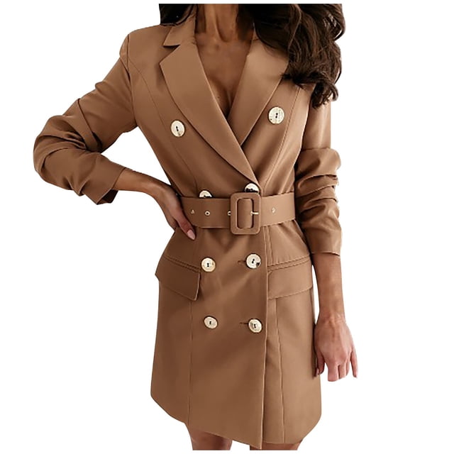 WEIYLL Womens Fleece Jackets Double Long Sleeve Belt Dress Solid Color Mid Length Khaki Fall Coats Size M