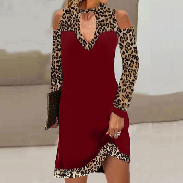 FcBaudy Longues Robe à Manches à Col Rond pour Femme, Imprimé Léopard, Coutures de Couleurs Contrastantes, Épaules Dénudées, Robe Midi Droite à Manches Longues, Robe pour Femme