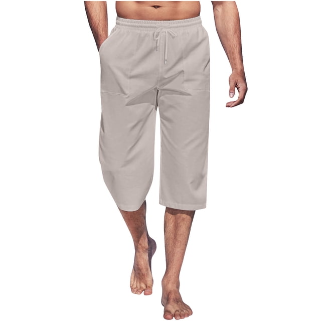 Capris, Mens Fashion Summer Drawstring Elastic Waist Casual Solid Color Capris Pants