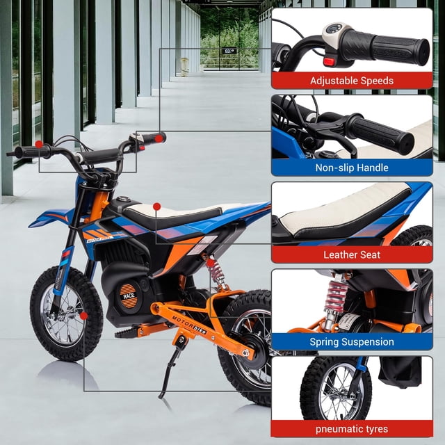 EDTara 24V Ride on Motorcycle for Kids, a battery-powered dirt bike with a bold orange and blue design. Features include a 250W motor, adjustable speeds, non-slip handle, leather seat, spring suspension, and 12.6-inch pneumatic tires for off-road adventures. Equipped with a chain-driven system, disc brake, and rechargeable battery for up to 30 minutes of use. Ideal for riders up to 139 lbs and 4.6 feet tall.