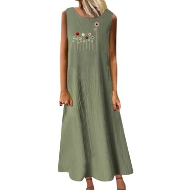 RKSTN Robes pour Femmes 2023 Mode Été Décontracté Col Rond Sans Manches Jupes Maxi Poches Vacances Couleur Unie Plage Longue Robe avec Imprimé Graphique
