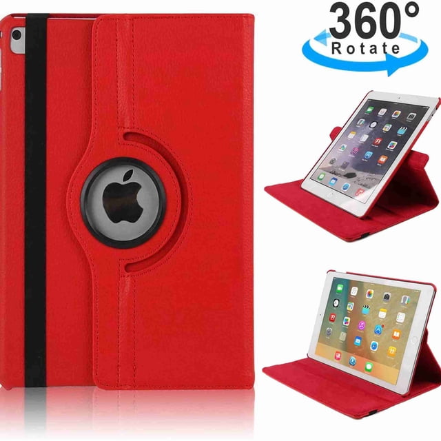 KeeGuard Red 360° Degree Smart Rotating Case Cover for Apple iPad 9th, 8th, and 7th Generation 10.2-inch. Features a premium PU leather exterior with a soft interior for protection against scratches and bumps. The case rotates 360 degrees for flexible landscape and portrait viewing. Includes corner protection and is shown in a vibrant red color with a black elastic band for secure closure.