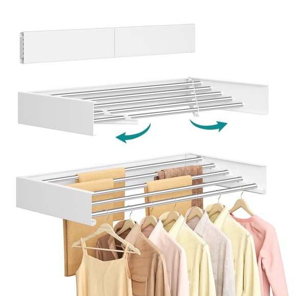 SONGMICS Wall Mounted Drying Rack, Clothes Drying Rack Foldable, 80 cm Wide Laundry Clothes Airer with Wall Template, 5 Fold-Out Aluminum Alloy Bars, Indoor, Matte White ULLR809WE01
