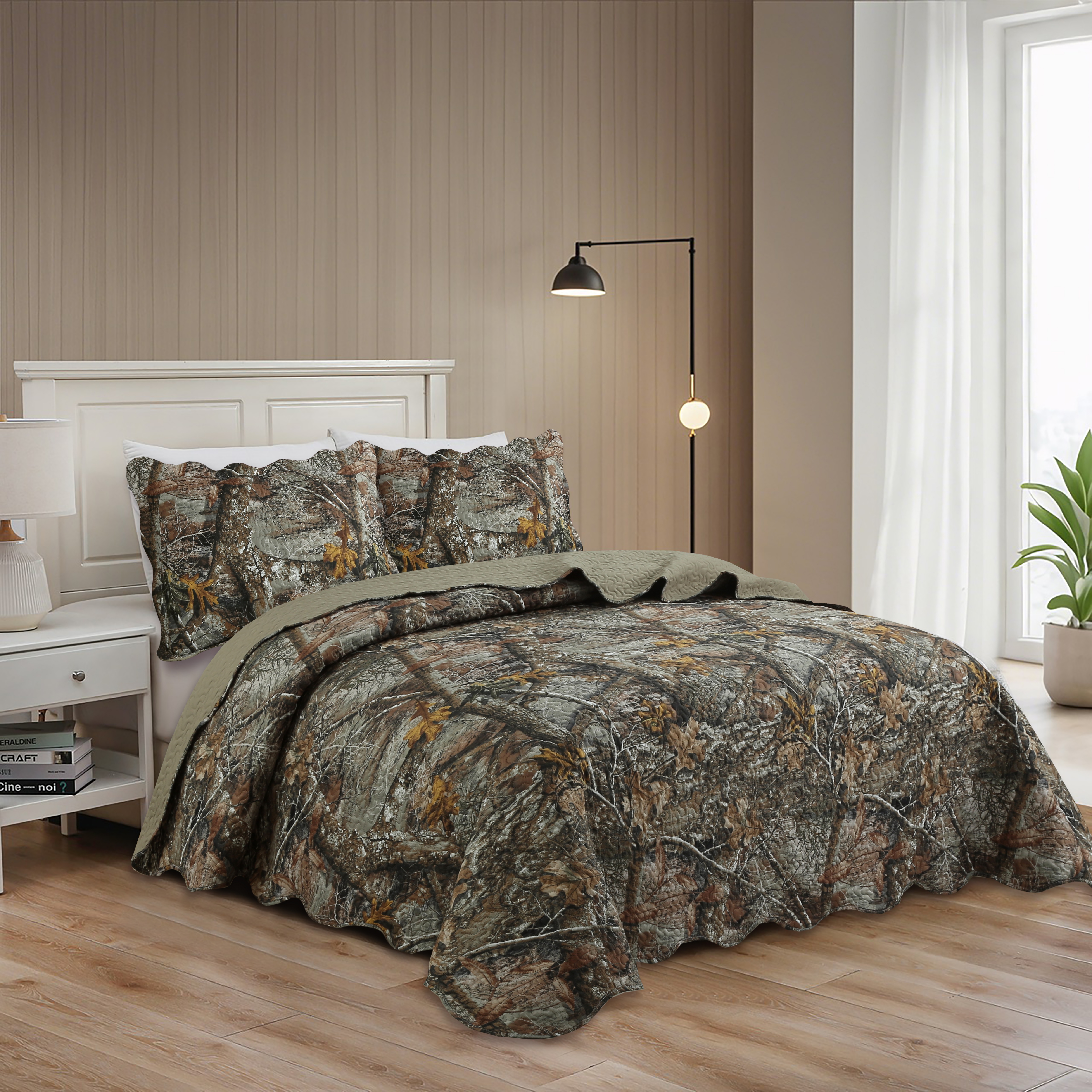 Literie 3 pièces Home Pinsonic Bedding, couvre-lit doux imprimé en relief avec 2 taies d'oreiller, motif camouflage rustique forêt, taille king.