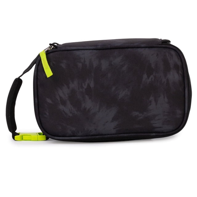 Jetstream Insulated Lunch Bag for Kids in black with subtle tie-dye pattern, padded handle, and bright lime green zipper pull and buckle, featuring a roomy insulated compartment with zip closure, designed to keep school lunches fresh and easy to carry.