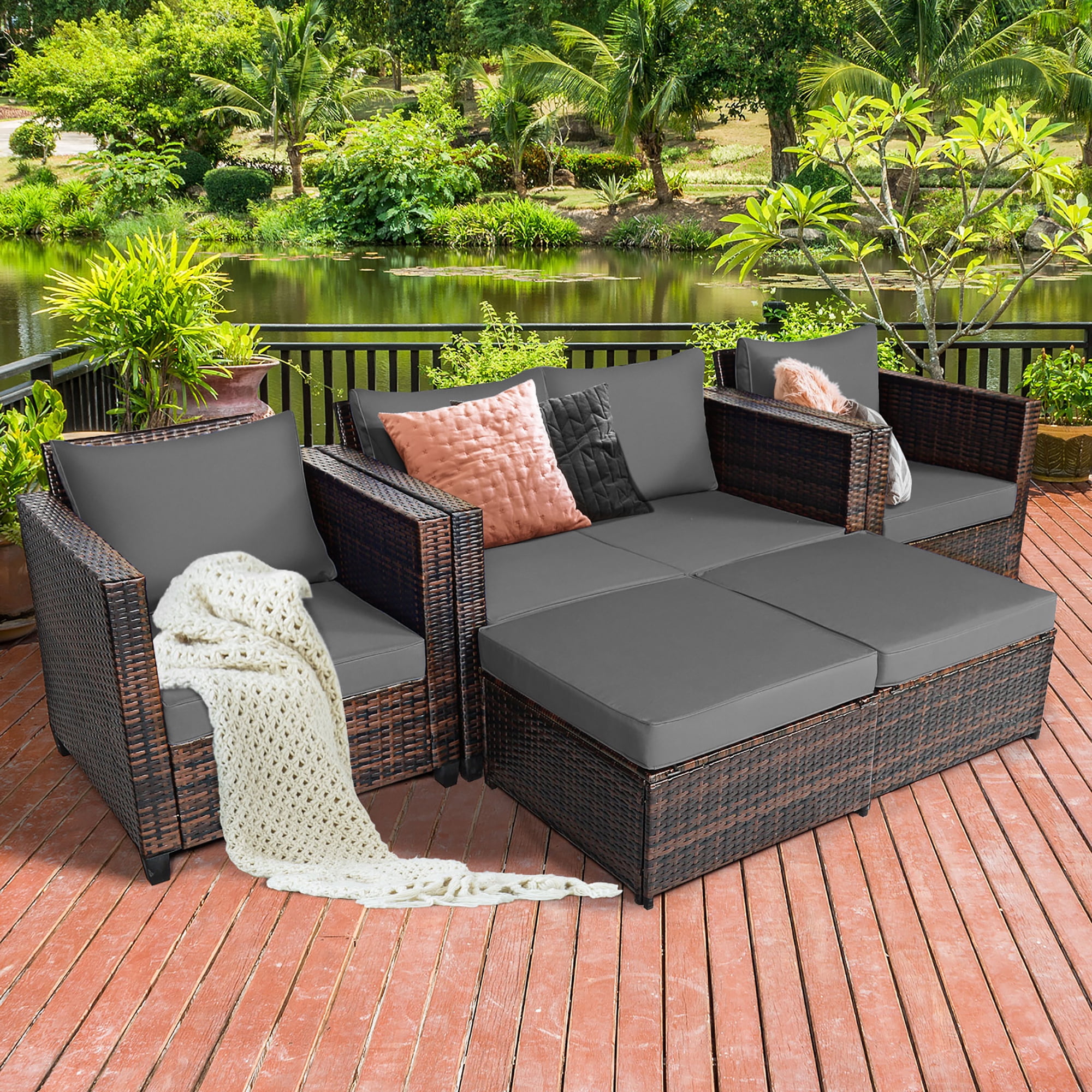 Costway Ensemble de Mobilier de Terrasse en Rotin 5 Pcs Causeuse Sofa Ottoman Coussiné Gris