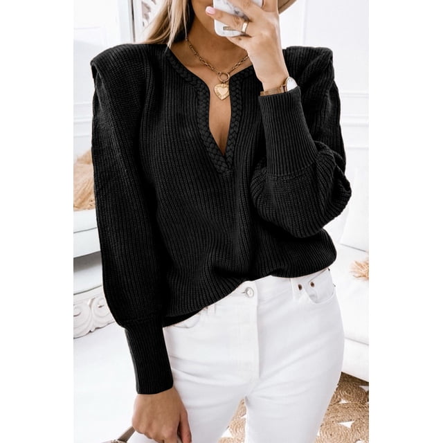 FOLUNSI Stylish Black Puff Sleeve Sweater - Must-Have V-Neck for Women