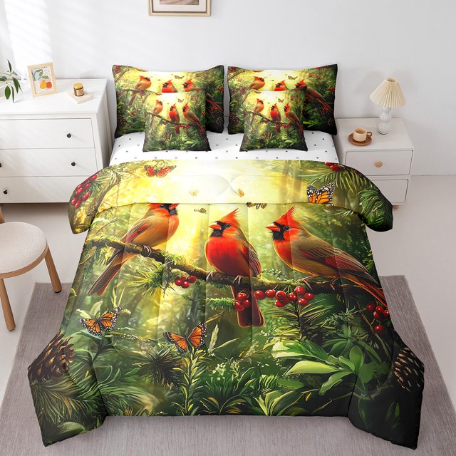 Housse de Couette Oiseau Cardinal Motif Cardinaux Rouges Ensemble de Literie Jumeau, Branches d'Arbre 7 Pcs Lit en Sac Doux pour Enfants Garçons Décoration de Chambre, Ensemble de Lit Animaux de la Forêt, Vert