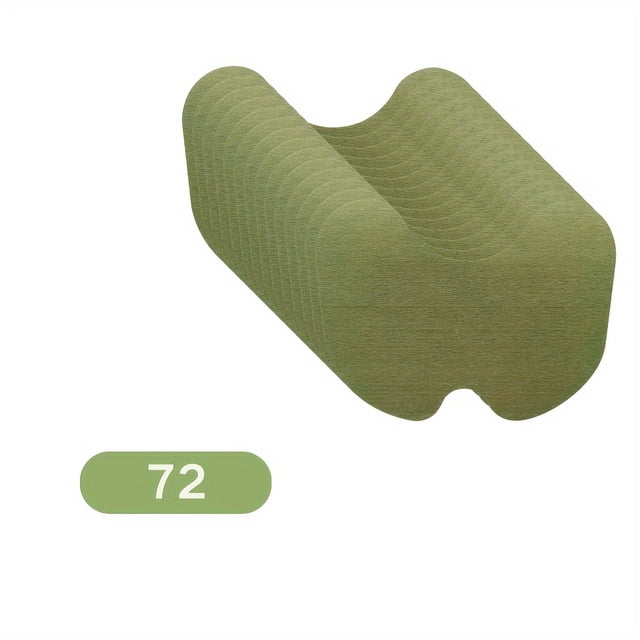 LNGOOR 72PCS Knee Patches with warming herbal patches made from natural wormwood extract, suitable for pain relief and hot therapy. Designed for use on the knee, back, neck, hand, and shoulder. The image shows a stack of green, rounded patches with a count of 72 displayed in a green oval.