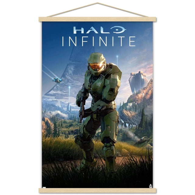 Halo Infinite - Primary Vertical Wall Poster, 22.375" x 34" showing a centered, front-facing Master Chief in green armor holding a rifle, set against a detailed sci-fi mountainous landscape with futuristic structures and flying ships under a blue sky, suitable for gaming room or office wall decor.