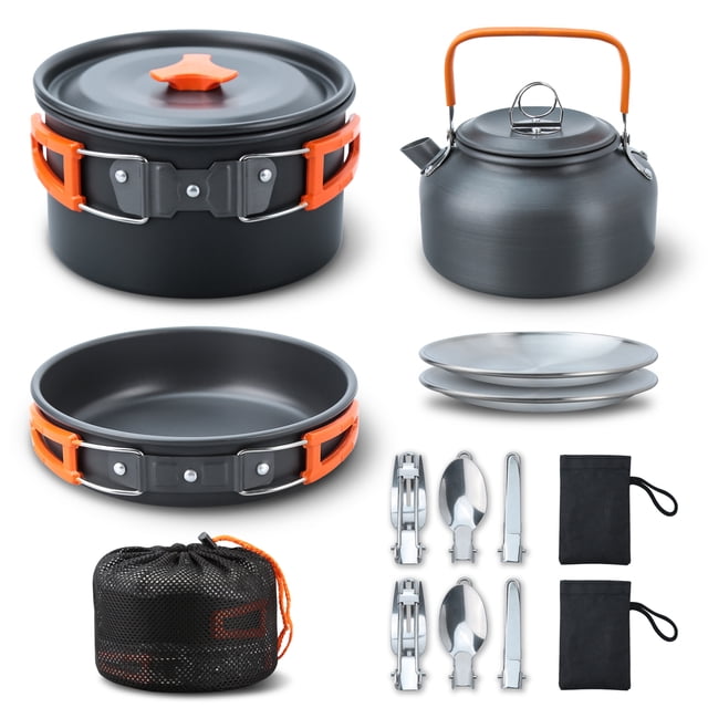 Camping Cooking Set Camping Cookware Set 16pcs Camping Pot pan Set Nesting Camp Cook Set Camping&Hiking cookware Camping Backpacking Pans Set Nested 16-piece camping cookware set (available in green and orange): anodized aluminum hanging pot, non-stick pan, kettle, two lids, two 18 cm plates, two spoons, two forks, two knives, two small storage pouches and one large carry bag; lightweight nesting design for 2–3 people, suitable for camping, hiking and picnics, often used as a compact picnic cook set for day trips.