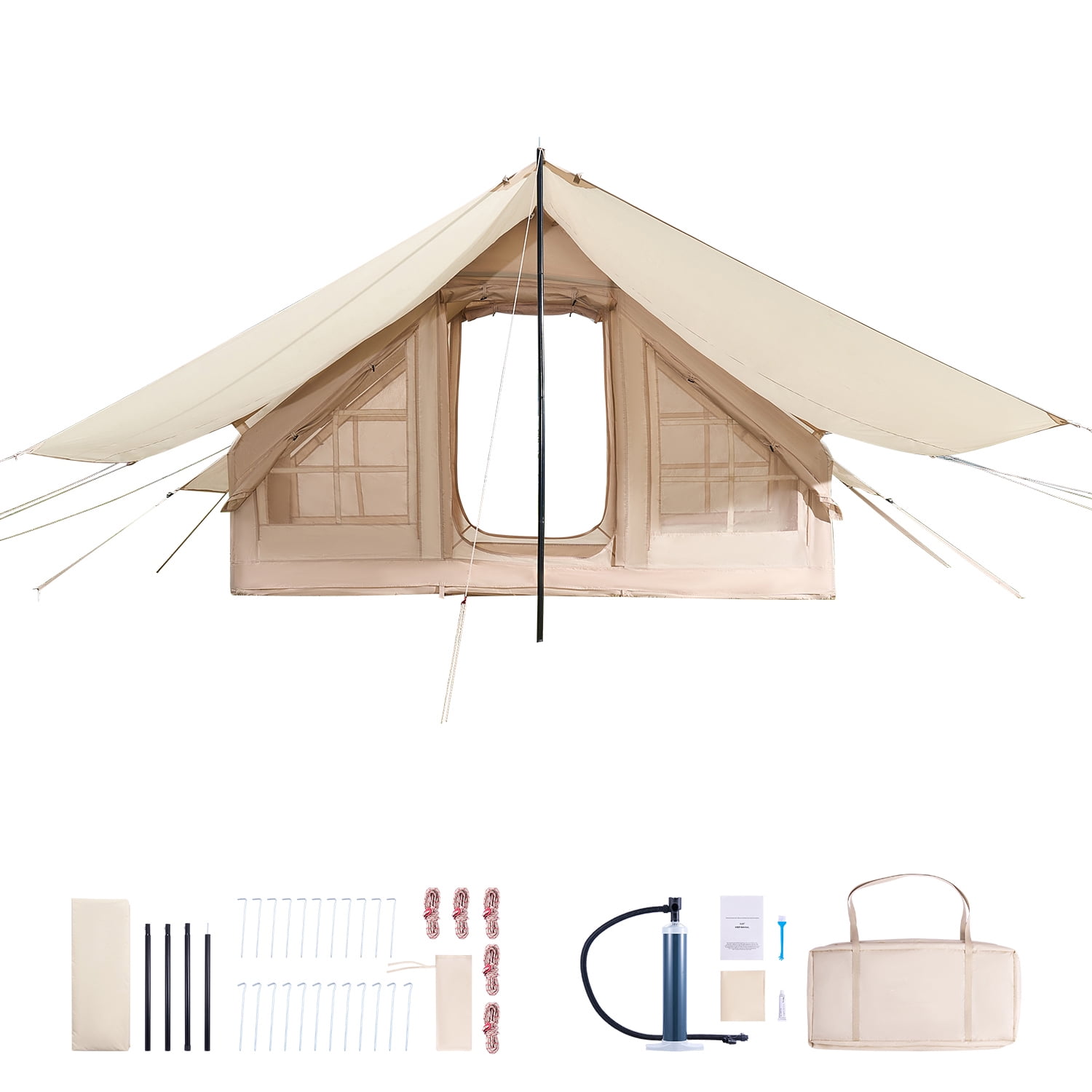 KFFKFF Inflatable Tents for Camping, 3-5 Person Easy Setup Blow up Tent with Hand Pump, 300D Oxford 4 Season Glamping Tent with Canopy, Stove Jack