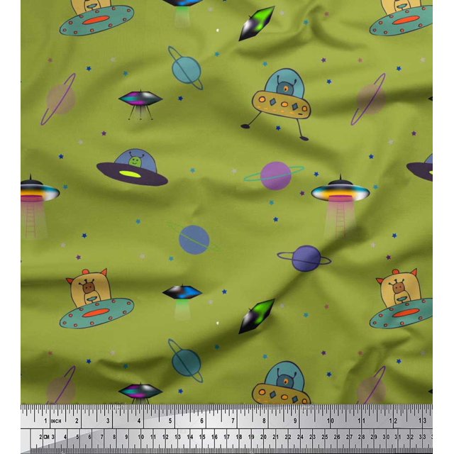 Soimoi Polyester Crepe Fabric Planet,Animal & Spaceship Cartoon Decor Fabric Printed Yard 42 Inch Wide