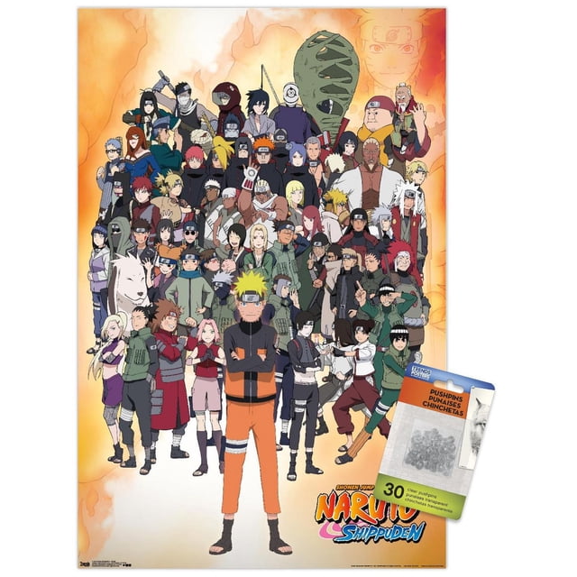 Naruto Shippuden - Affiche Murale de Groupe, 22,375 Po x 34 Po Représentant de Nombreux Personnages Naruto Shippuden en Tenues de ninja Regroupés sur un Fond orange Ardent avec le logo de la Série en Bas à Droite et Inclut 30 Punaises Transparentes pour une Suspension Sans Dommages, Convient à la Décoration Murale de Chambre Ou de Bureau.