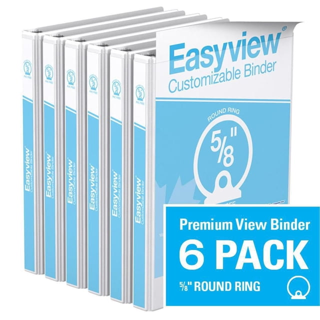 Davis Group Easyview Premium 5/8 inch round ring customizable view binder 6 pack in black with clear overlay on front, spine, and back covers, featuring back-mounted rings that allow pages to lie flat, suitable for presentations, manuals, and reports.