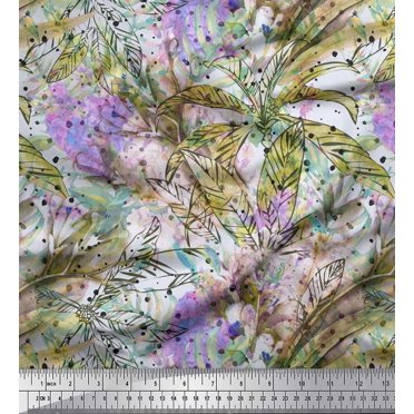 Soimoi Polyester Crepe Fabric Flower & Leaves Watercolor Print Fabric by Yard 42 Inch Wide