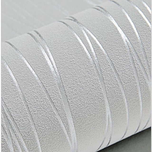 TopLLC Embossed Stripes Wallpaper in grey, featuring a non-woven self-adhesive design with 3D flocking textured glitter stripes. The roll measures 21 inches by 30 feet (53x910cm) and is suitable for living rooms, bedrooms, and other interior spaces. The modern style wallpaper is easy to install, removable, and can be cleaned with a damp cloth. Ideal for creating a warm and fresh visual effect in home décor.
