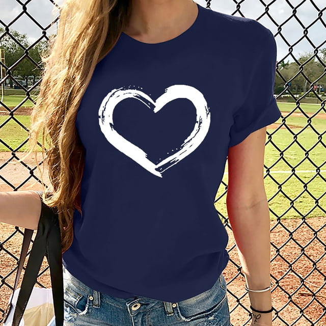 EGNMCR T-Shirts pour Femmes Femmes Manches Courtes Col Rond Imprimé en Forme de Cœur Hauts Décontractés Blouse T-shirt