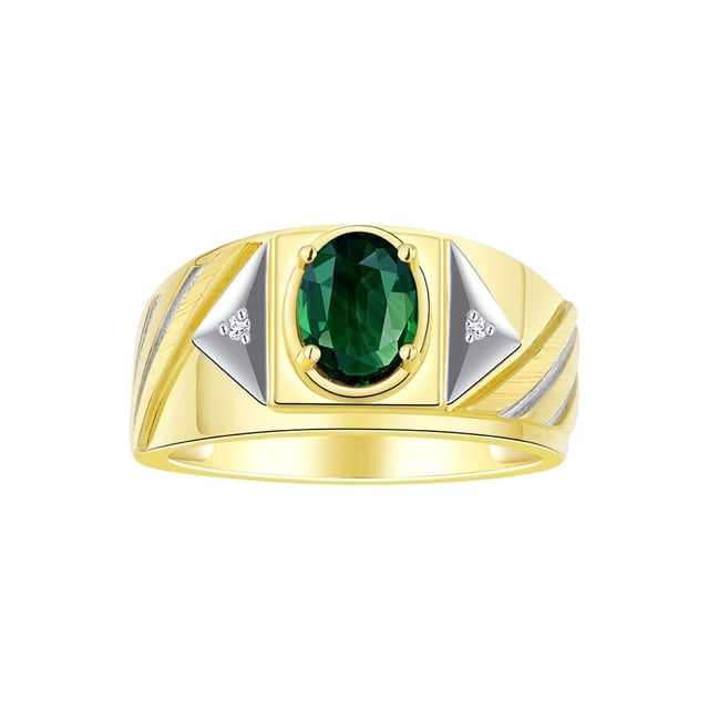 RYLOS Men's Rings 14K Yellow Gold Ring Classic Designer Style 8X6MM Oval Gemstone & Diamond Ring Green Sapphire Birthstone Rings For Men Size 9
