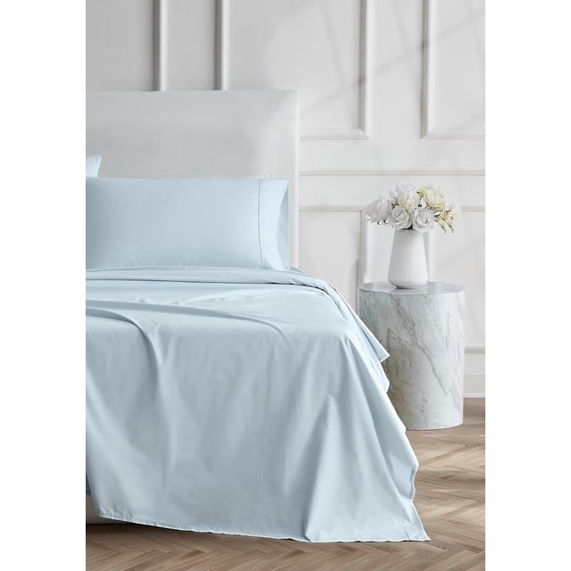 Ensemble de Draps Simple en Lin pour Garde-Robe – Percale de Coton 100 % Naturel, Ensemble de Draps 3 Pcs Rafraîchissant et Net pour Lit Simple, Oeko-Tex Fabriqué en Vert Durable, Poches Profondes, Doux et Respirant Qualité Hôtel – Bleu Pâle