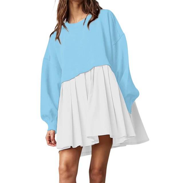 Womens Oversized Sweatshirt Dress Long Flowy Patchwork Pullover Tops Cute Drop Shoulder Sweatshirts Fall Long Sleeve Mini Dress Teen Girls Crewneck Solid Tunic Pleated Loose Clothing Beig