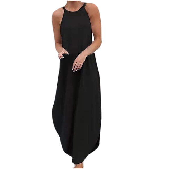 EQWLJWE Longue Robe pour Femmes Robe Décontractée pour Femmes en Coton et Lin à Col Rond, Unie, Sans Manches, Imprimée, Fendue