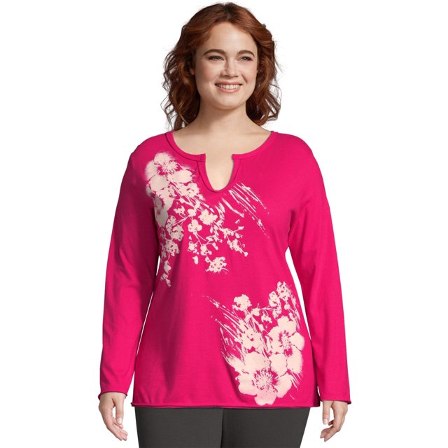 Just My Size Womens Split Neck Long Sleeve Graphic Tee, 3X