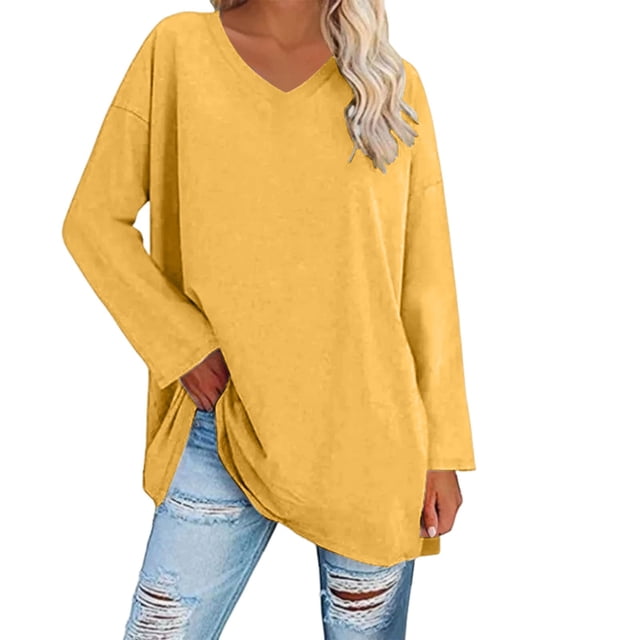 Breezora Tunique à Col Rond Oversize pour Femmes, Manches Longues, Chemise Rayée, Blouse Douce à Coupe Ample, Tenue Décontractée Décontractée, Confort Quotidien 2026, Taille M, Jaune