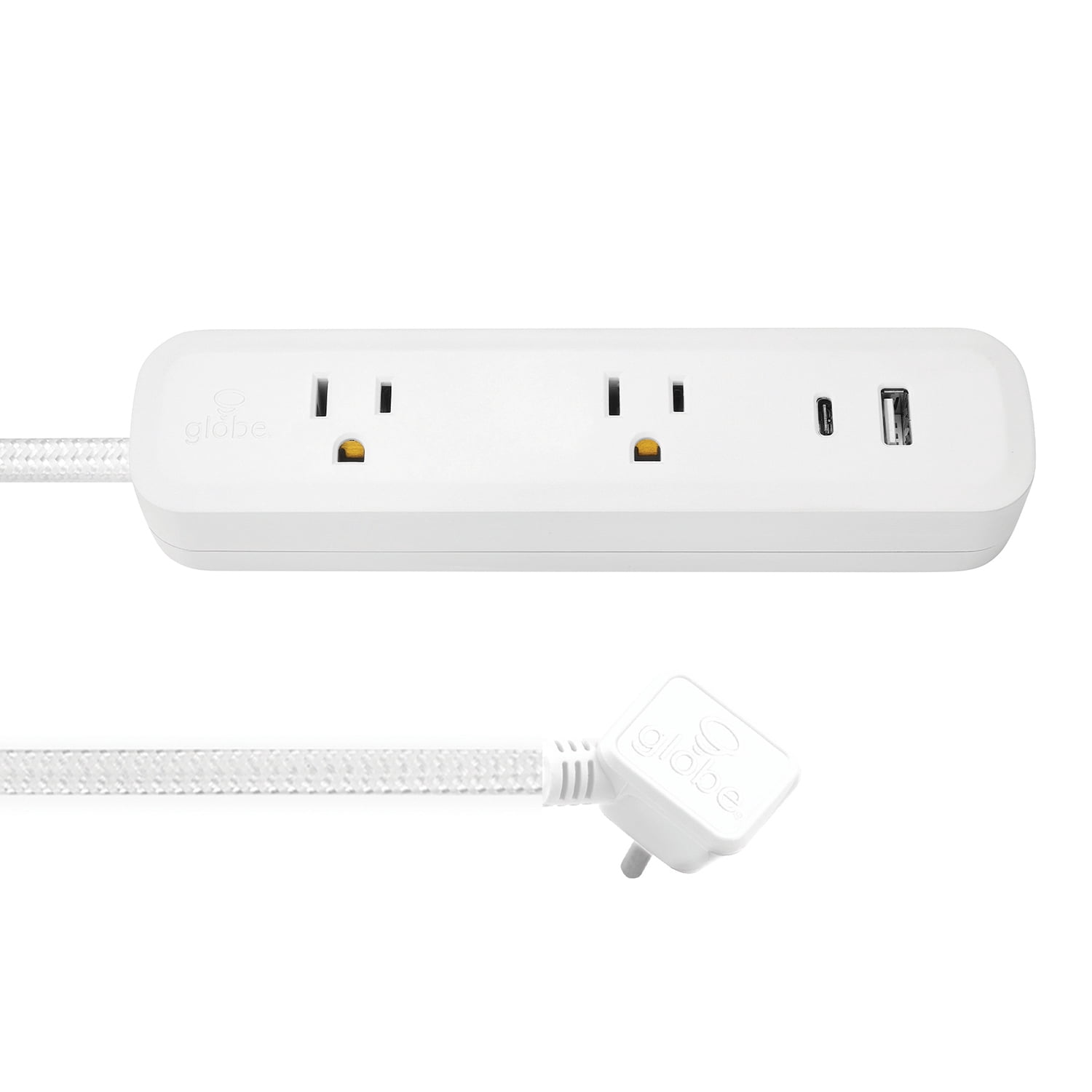Globe Electric 2-Outlet White Flat Plug Power Strip with USB Charging Ports and 6FT Fabric Extension Cord