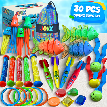 Ensemble Jumbo de 30 Pcs de Jouets de Piscine de Plongée avec Sac de Rangement Comprend (5) Bâtons de Plongée, (6) Anneaux de Plongée, (5) Trésors de Pirates, (4) Bandits Toypedo, (3) Balles Jouets de Plongée, (3) Jouets Poissons, (4) Pieuvre Ficelleuse
