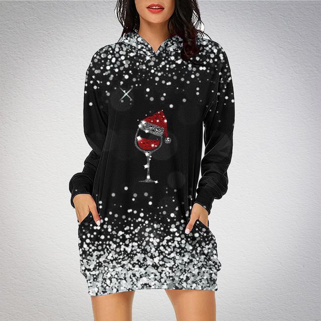 Jsaierl Robe à Capuche de Noël pour Femmes à Manches Longues, Tunique à Capuche à Imprimé Verre de Noël, Chandail de Noël, Robe de Fête avec Poches