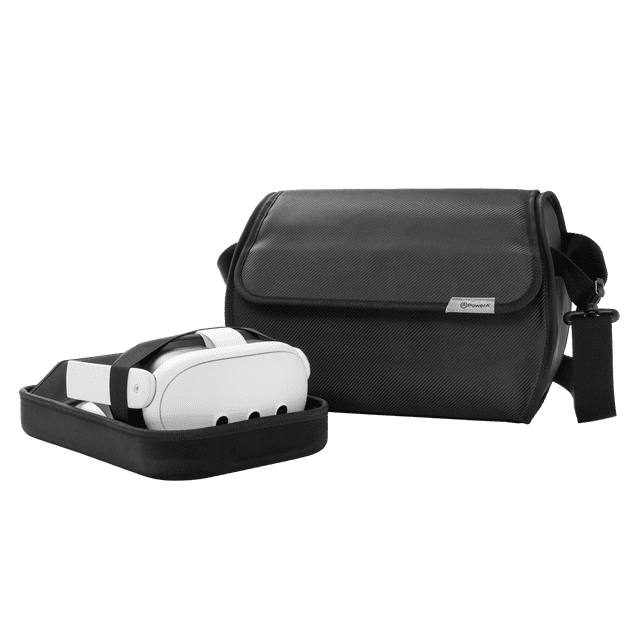 PowerA Travel Bag for Meta Quest 3 / 3S with a white Meta Quest 3 headset secured in a molded tray with elastic straps, alongside the black textured messenger bag featuring a zippered flap, padded accessory pocket, and adjustable shoulder strap, suitable for safely transporting VR gear and small accessories.