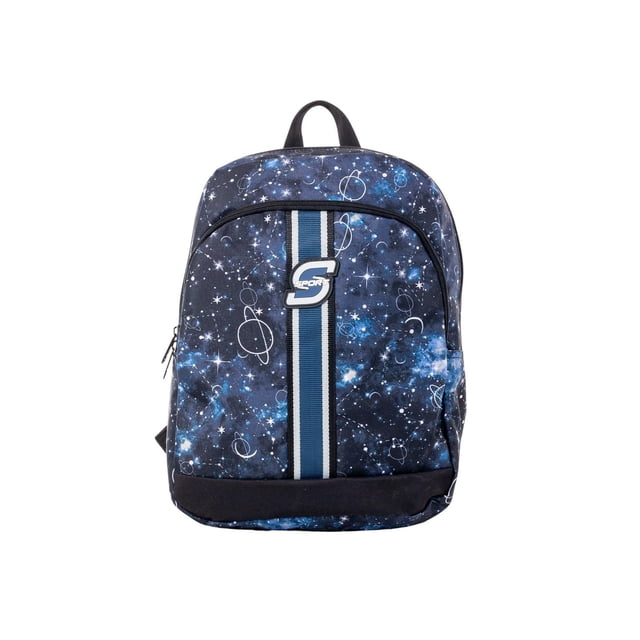 Skechers Sport Back Pack with galaxy print and stars, front-facing view. This polyester multi-compartment backpack features a zippered front pocket with a vertical blue and white stripe and the 'S Sport' logo, padded back with stitching, padded shoulder straps, and a side pocket, ideal for school or everyday use.