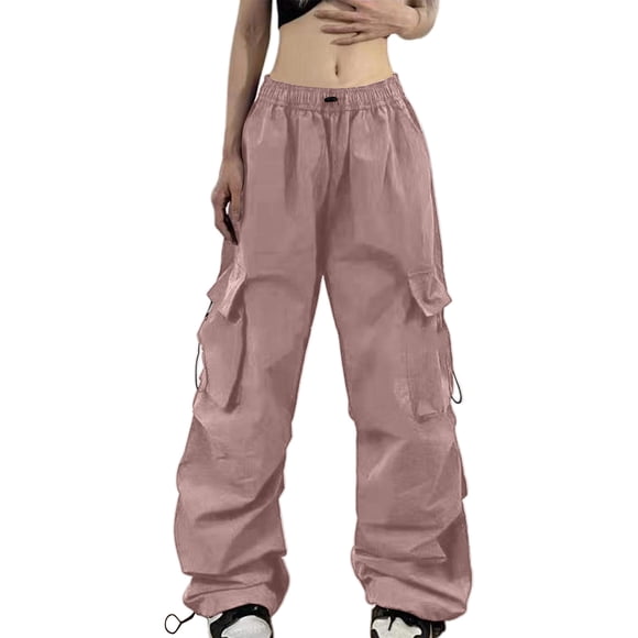 Aocisk Women's Summer Cargo Parachute Pants Loose Fit Pocket Street Style Parachute Pants for Women Pink M