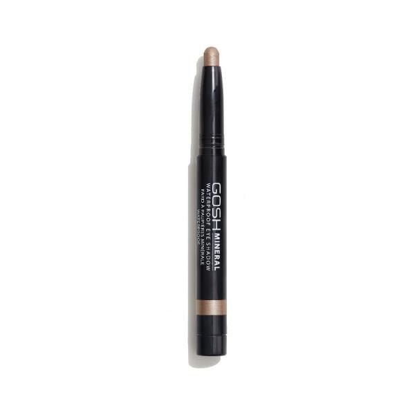 GOSH - Mineral Waterproof Eye Shadow - 002 Golden Brown cream eye shadow stick with black casing and golden brown tip, featuring a soft, creamy texture that is waterproof, smudge-resistant, and easy to apply for long-lasting wear.