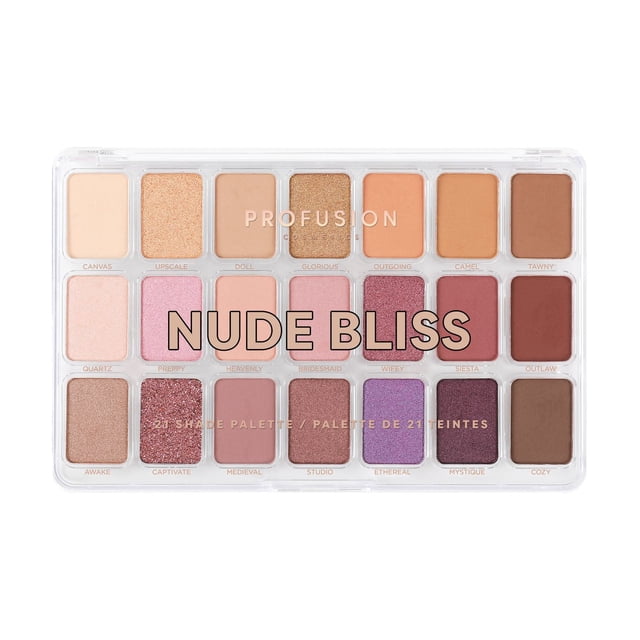 PROFUSION COSMETICS / Artistry 21 Palette de Teintes Nude Bliss Comprenant 21 Teintes d'Ombres à Paupières Richement Pigmentées en Fini Mat, Métallique et Scintillant, Disposées dans un Étui Rectangulaire Transparent avec des Noms de Teinte, Convient aux looks de Maquillage Polyvalents du Jour au Soir.
