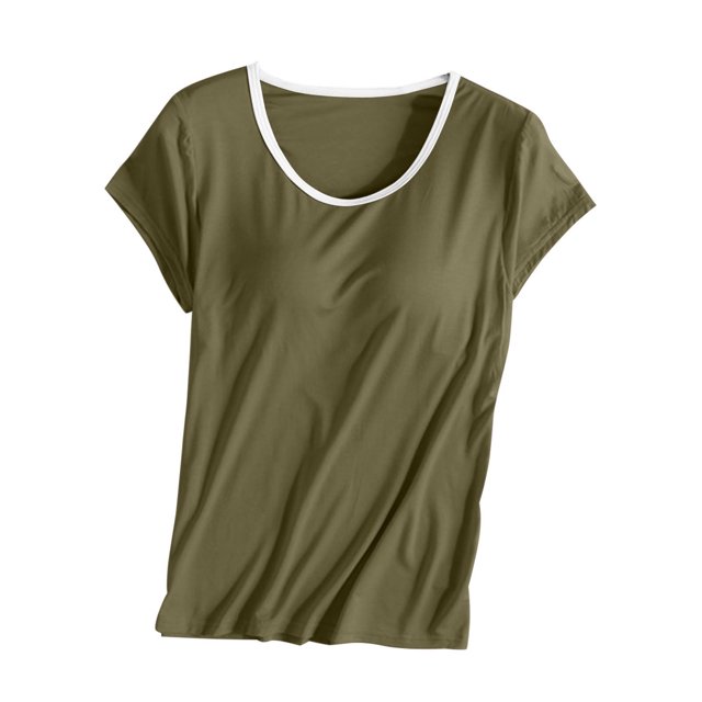 RKSTN Womens Tops Solid Color Crew Neck Short-sleeved Tops with Bra Pad Cup Super Soft Loose Fit Breathable Lounge Pajamas Tops