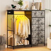 Twister.CK 6 Drawers Dresser for Bedroom with Hanging Rack, with LED Lights & Charging Station, Fabric Dressers & Chest of Drawers with Rack, Gray