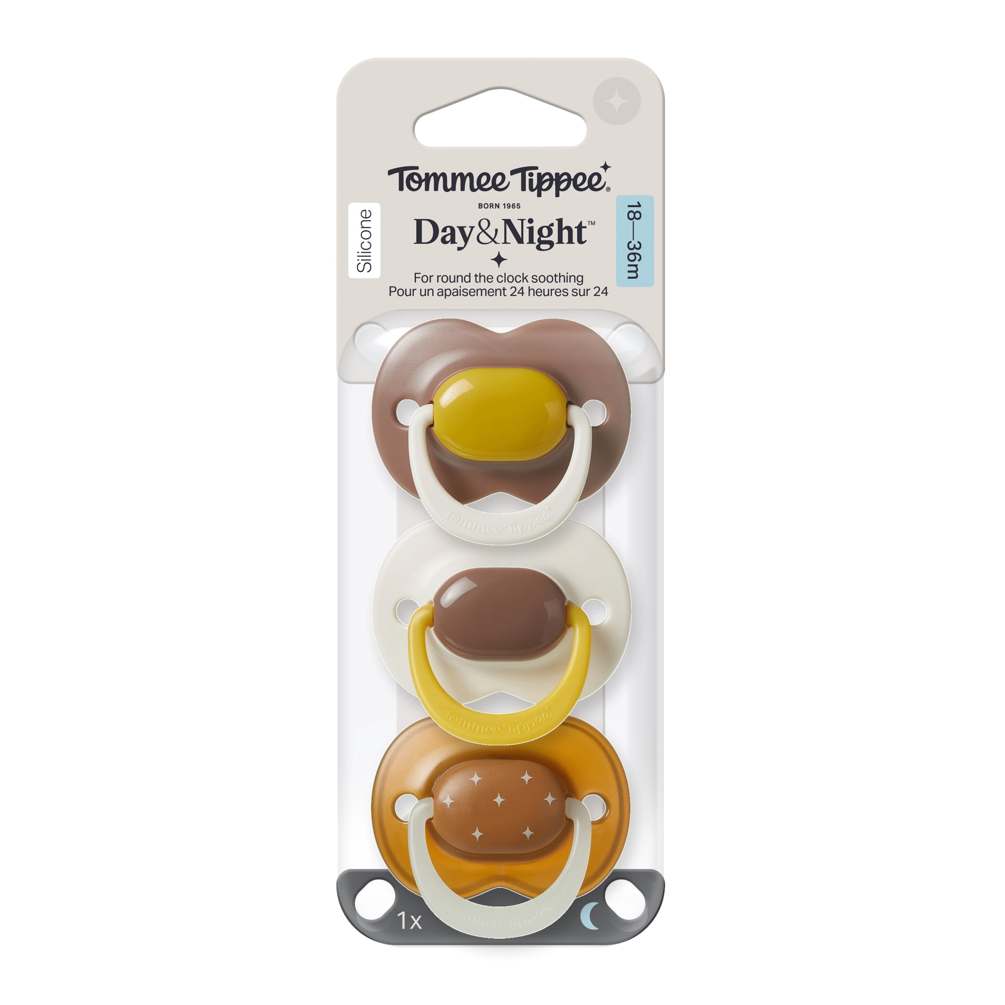 Tommee Tippee Ultimate Fit Day and NightGlow Pacifier, 18-36 Months, 3 Count, Color Blocked and Glow in the Dark Pacifier Designs, 100% BPA Free Silicone, Sterilizer and Dishwasher Safe