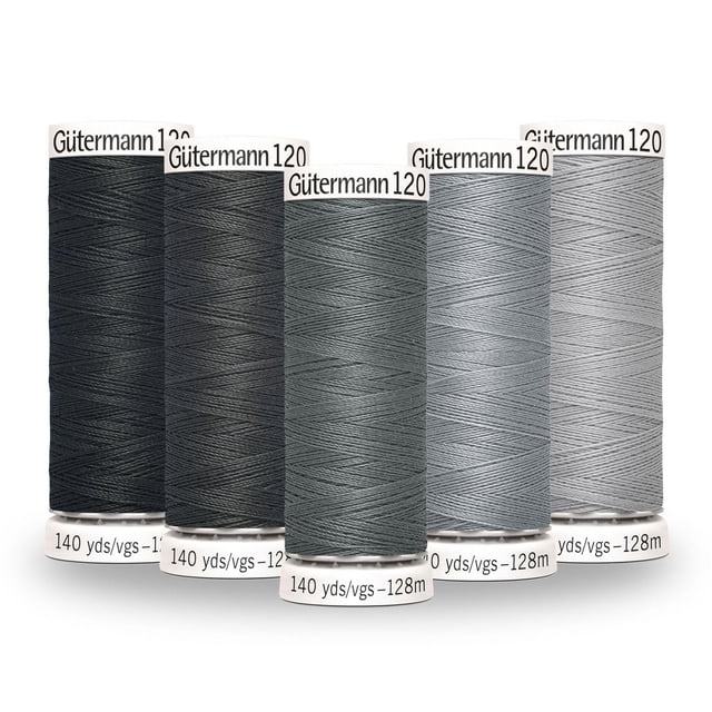 Gutermann 120 100% polyester all purpose thread colour gradient pack of 5 spools in grey shades from dark to light, each spool with 140 yards (128 meters) of thread, suitable for machine and hand sewing on woven, knit, and synthetic fabrics, also ideal for craft and mending projects.