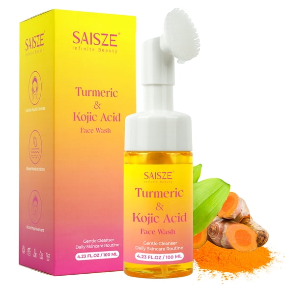 SAISZE Turmeric Foaming Face Wash with Brush, Kojic Acid Facial Cleanser for Dark Spots, Suitable for All Skin Types,3.38 fl oz (100ml)