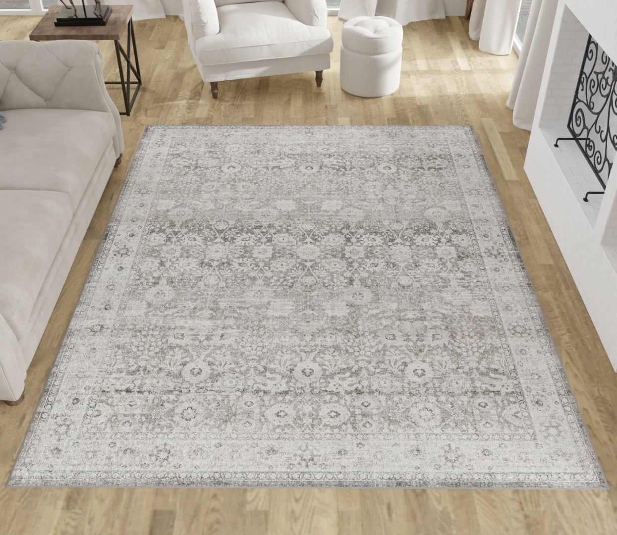 E-Z Wash Tapis de surface lavable pour le salon et la chambre à coucher, motif dentelle Meadow, gris, 8 x 10 pi