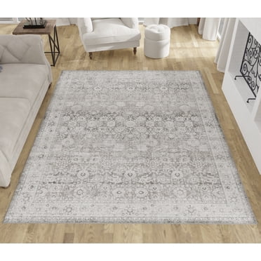 E-Z Wash Tapis de surface lavable pour le salon et la chambre à coucher, motif dentelle Meadow, gris, 8 x 10 pi