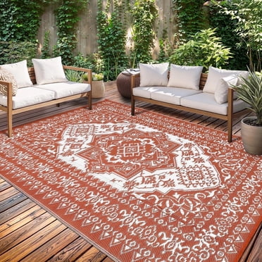 Garvee Outdoor Rug 9'x12' Waterproof Reversible Plastic Straw Rug, Indoor Outdoor Rug for Patio RV Camping Balcony Deck Backyard, Red & White